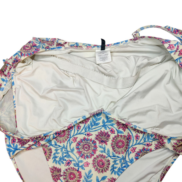 J. Crew Ruffle V Neck One Piece Swimsuit Floral Vine Block Print Sz 12 Pink Blue - Picture 9 of 14